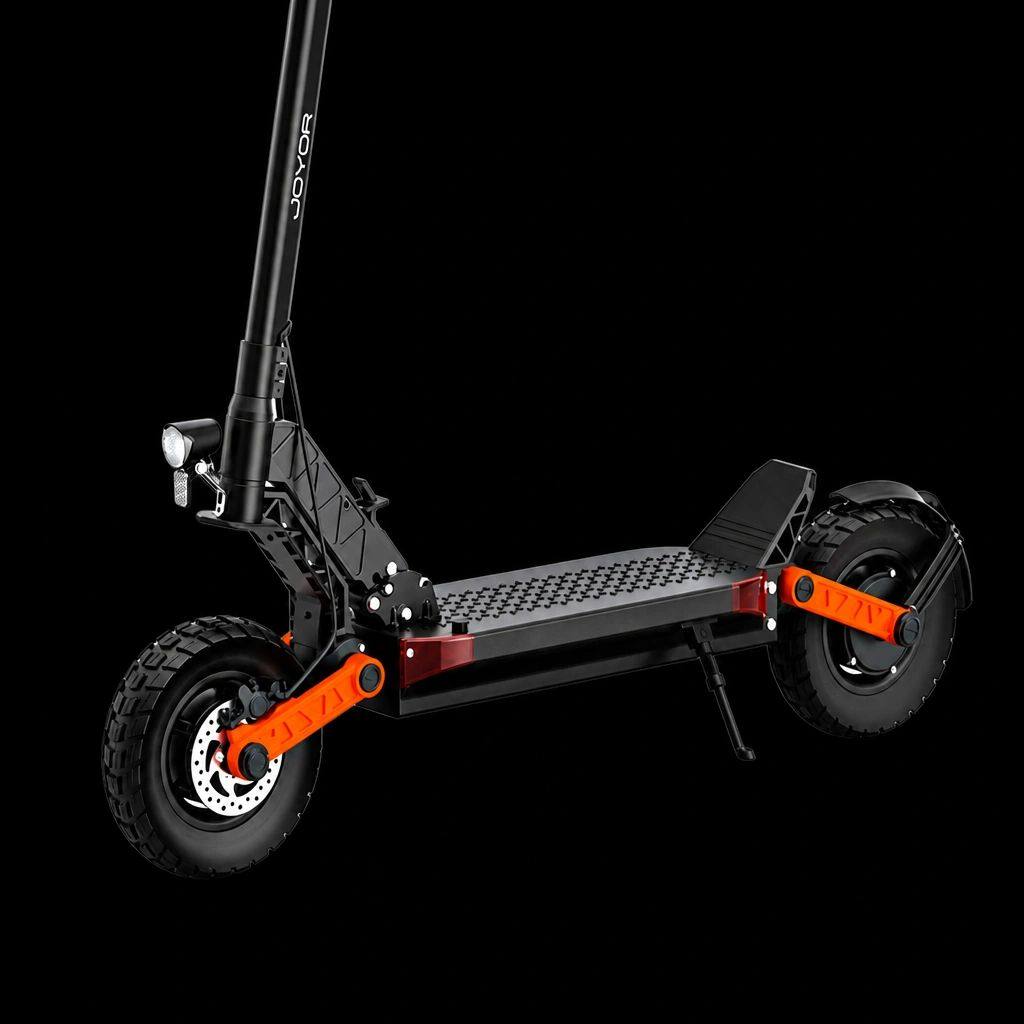 Joyor off-road electric scooter with orange swing arms